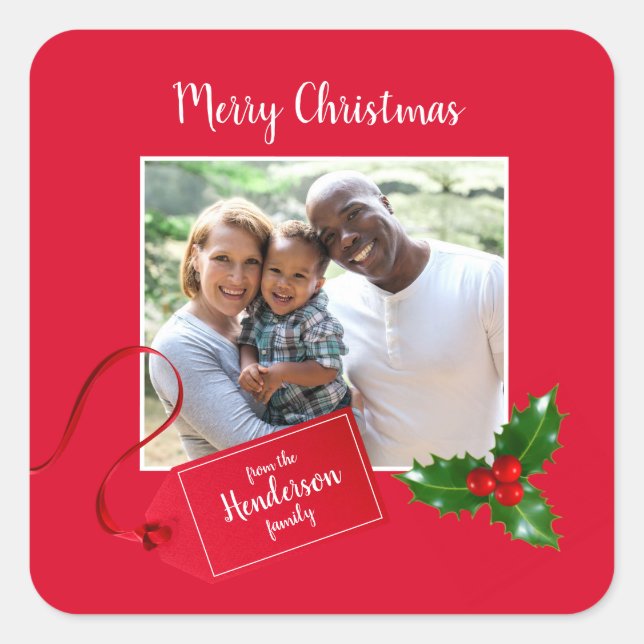Sticker Carré Joyeux Noël Holly Sprig - Photo personnalisée - (Devant)