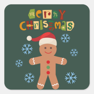 Sticker Carré Joyeux Noël Joli Bonhomme en Pain d'Épice