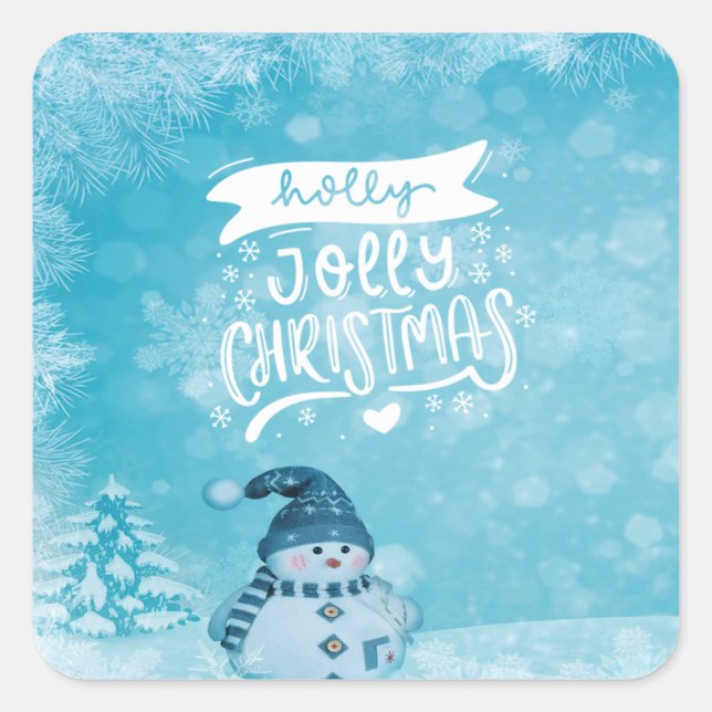 Sticker Carré Joyeux Noël, Joli Snowman Pine Tree Snowflakes (Devant)