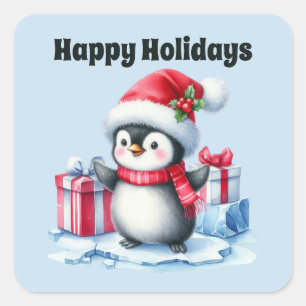Sticker Carré Joyeux Noël manchot de Noël