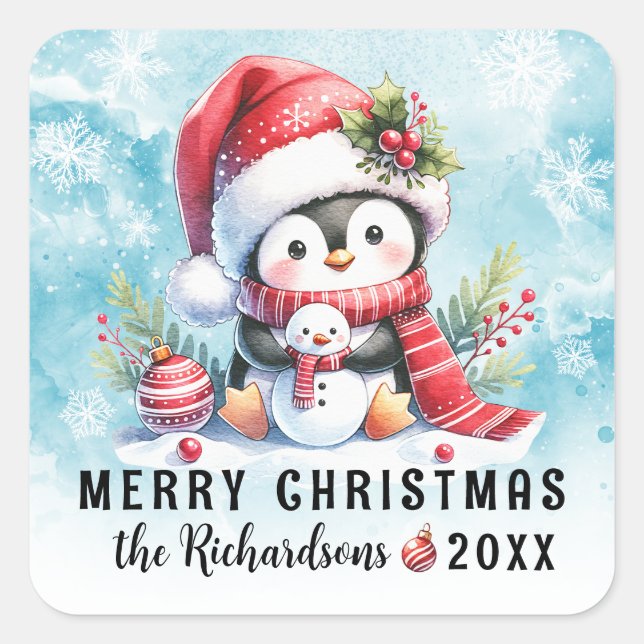 Sticker Carré Joyeux Noël mignon pingouin neige et coutume rouge (Devant)