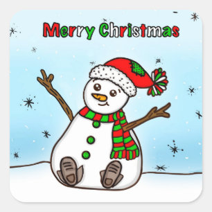 Sticker Carré Joyeux Noël mignon Snowman