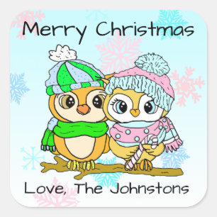 Sticker Carré Joyeux Noël mignonne Chouette Couple Noël