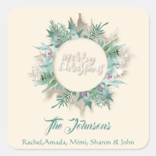 Sticker Carré Joyeux Noël Mint Green Ivory Holidays Wreath