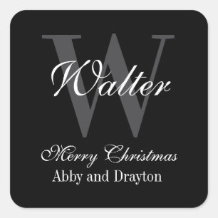 Sticker Carré Joyeux Noël noir et blanc Monogramme personnalisé