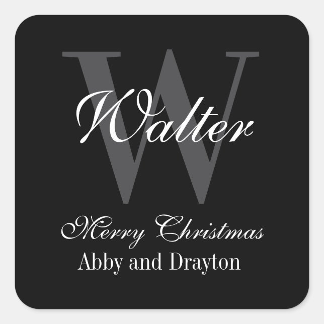 Sticker Carré Joyeux Noël noir et blanc Monogramme personnalisé (Devant)