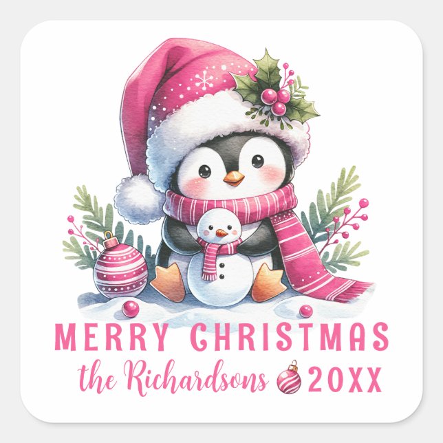 Sticker Carré Joyeux Noël Nom personnalisé Pingouin rose blanc (Devant)