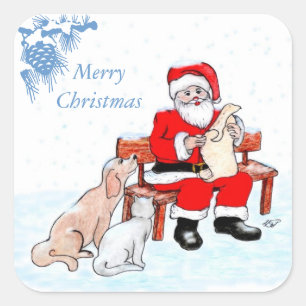 Sticker Carré Joyeux Noël - Père Noël avec chat et chien