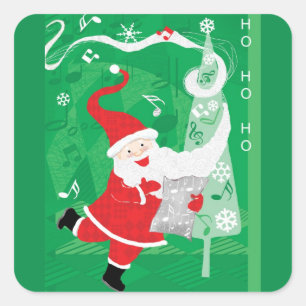 Sticker Carré Joyeux Noël, Père Noël chantant et dansant