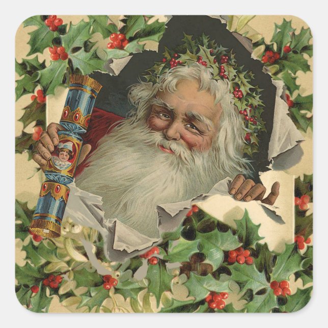 Sticker Carré Joyeux Noël Père Noël classique antique (Devant)
