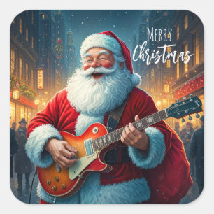 Sticker Carré Joyeux Noël Père Noël Jouant de la Guitare