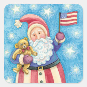 Sticker Carré Joyeux Noël, Père Noël patriotique avec drapeau