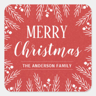 Sticker Carré Joyeux Noël personnalisé de feuillage rouge et