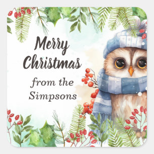 Sticker Carré Joyeux Noël personnalisé du nom Hibou
