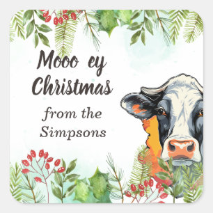Sticker Carré Joyeux Noël personnalisé du nom vache amusant