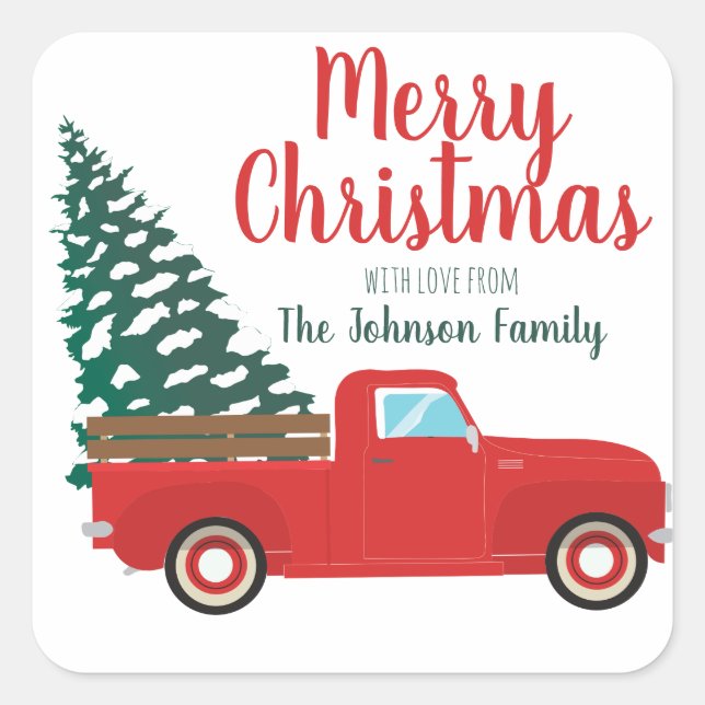 Sticker Carré Joyeux Noël Petite ramasse rouge Camion Pine Tree (Devant)