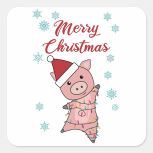 Sticker Carré Joyeux Noël Piglet Cochon Neige hiver