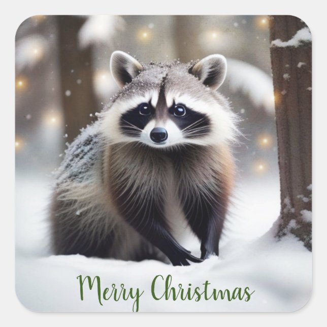Sticker Carré Joyeux Noël Raccoon (Devant)
