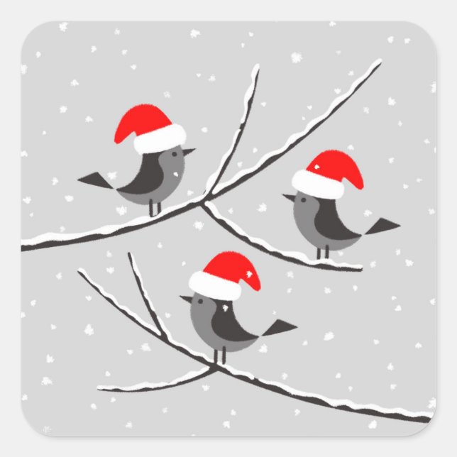Sticker Carré Joyeux Noël Red Santa Hat Birds (Devant)