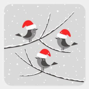 Sticker Carré Joyeux Noël Red Santa Hat Birds