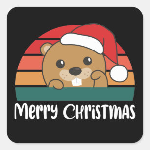 Sticker Carré Joyeux Noël Retro Beaver Noël