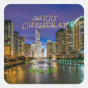 Sticker Carré Joyeux Noël, rivière Chicago au coucher du soleil