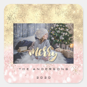 Sticker Carré Joyeux Noël Rose Gold Stars Parties scintillant No
