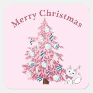 Sticker Carré Joyeux Noël rose mignon Arbre & Kitten