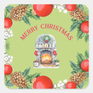 Sticker Carré Joyeux Noël Rouge Vert cheminée Wreath