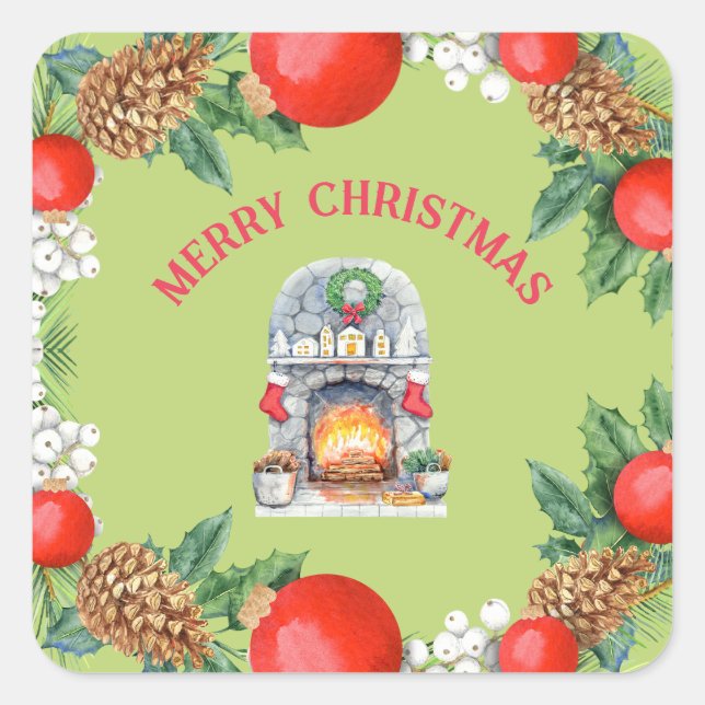Sticker Carré Joyeux Noël Rouge Vert cheminée Wreath (Devant)