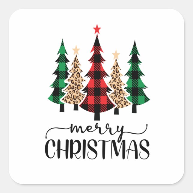 Sticker Carré Joyeux Noël Rouge Vert Noir Arbres Plaid (Devant)