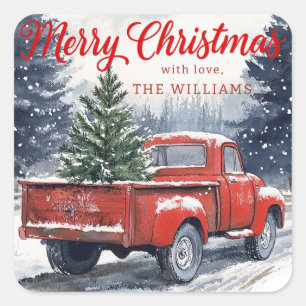 Sticker Carré Joyeux Noël rustique Camion Rouge Noël