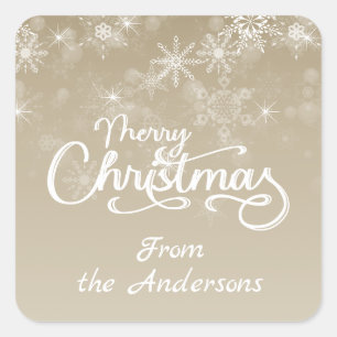 Sticker Carré Joyeux Noël Snowflakes Beige Salutation Holiday