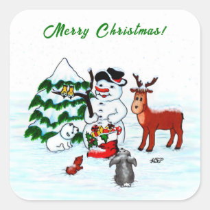 Sticker Carré Joyeux Noël ! Snowman avec amis
