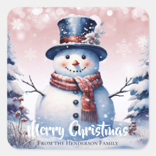 Sticker Carré Joyeux Noël Snowman de la forêt d'hiver   Rose