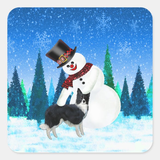 Sticker Carré Joyeux Noël Snowman et Border Collie (Devant)