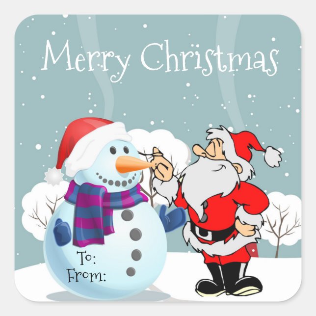 Sticker Carré Joyeux Noël Snowman et Père Noël (Devant)