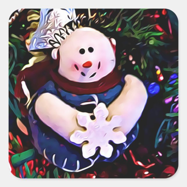 Sticker Carré Joyeux Noël Snowman Holding Snowflake (Devant)
