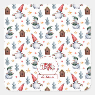 Sticker Carré Joyeux Noël Snowman Snowflakes Monogramme