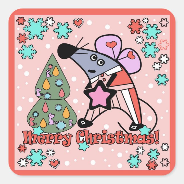 Sticker Carré Joyeux Noël Symbole du Nouvel An Souris Caricature (Devant)