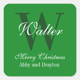 Sticker Carré Joyeux Noël Vert et blanc Monogramme personnalisé