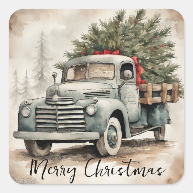 Sticker Carré Joyeux Noël vintage Camion (Devant)
