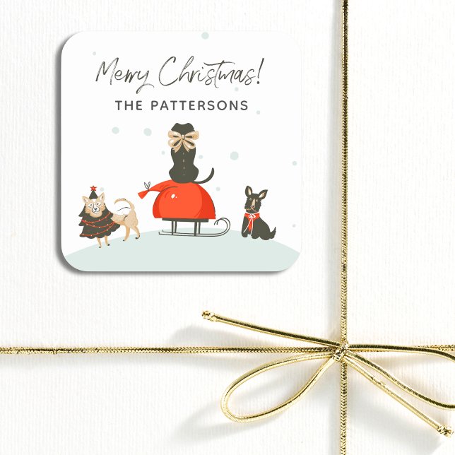 Sticker Carré Joyeux Noël Whimsical mignon Chiens Personnalisé N (Créateur téléchargé)