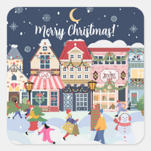 Sticker Carré Joyeux Noël Whimsy Winter Town Personnaliser