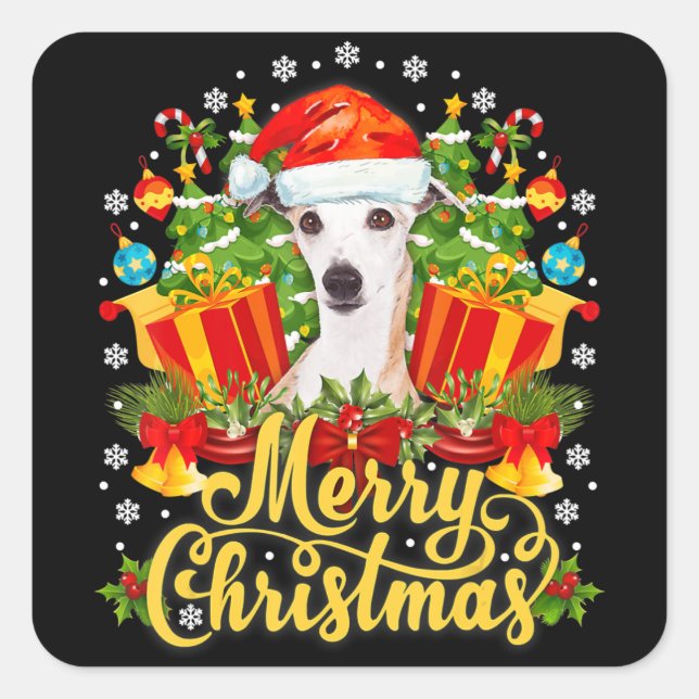 Sticker Carré Joyeux Noël Whippet Maman Papa Noël (Devant)