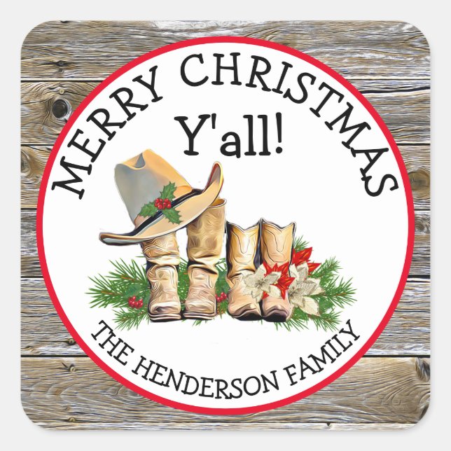 Sticker Carré Joyeux Noël Y'all Country et Western Rustic (Devant)