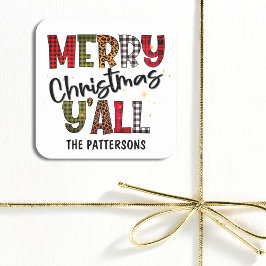 Sticker Carré Joyeux Noël Y'all Tartan Nom de l'Empreinte de léo