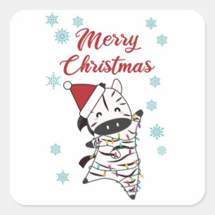 Sticker Carré Joyeux Noël Zebra Safari Zoo Neige