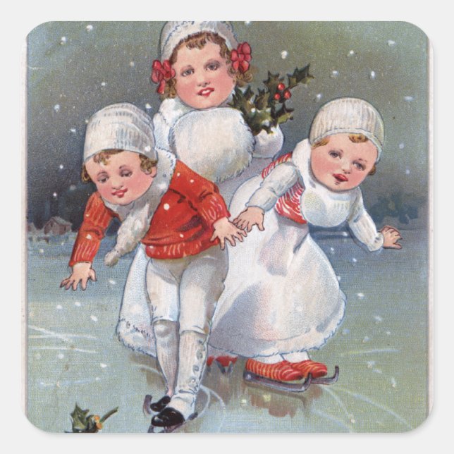 Sticker Carré Joyeux NoëlPetits enfants Patinage sur glace (Devant)