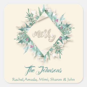 Sticker Carré Joyeux Nom rose Menthe Green Ivory Holidays Wreath